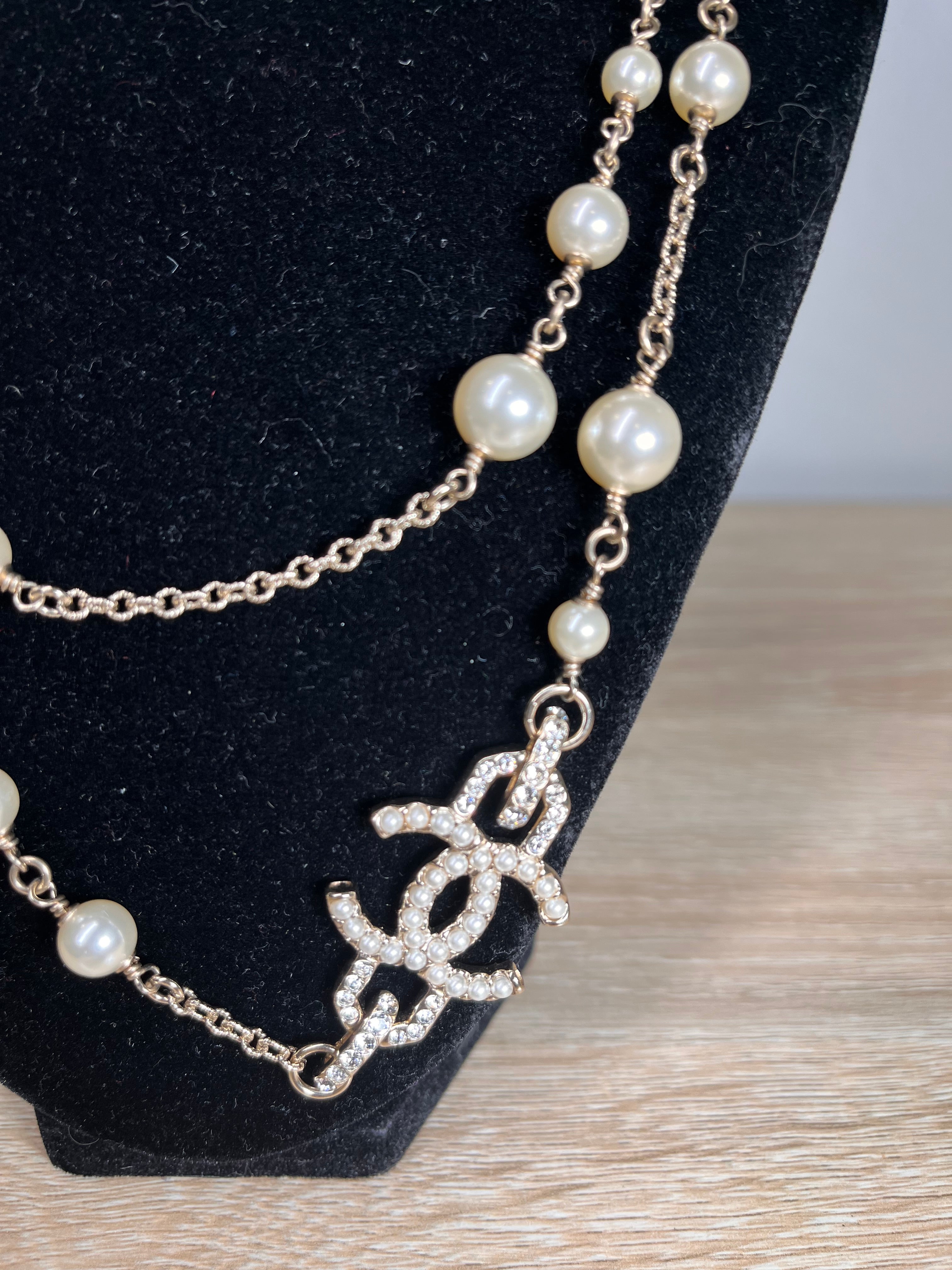 Chanel Long Pearl Silver Necklace, 48”