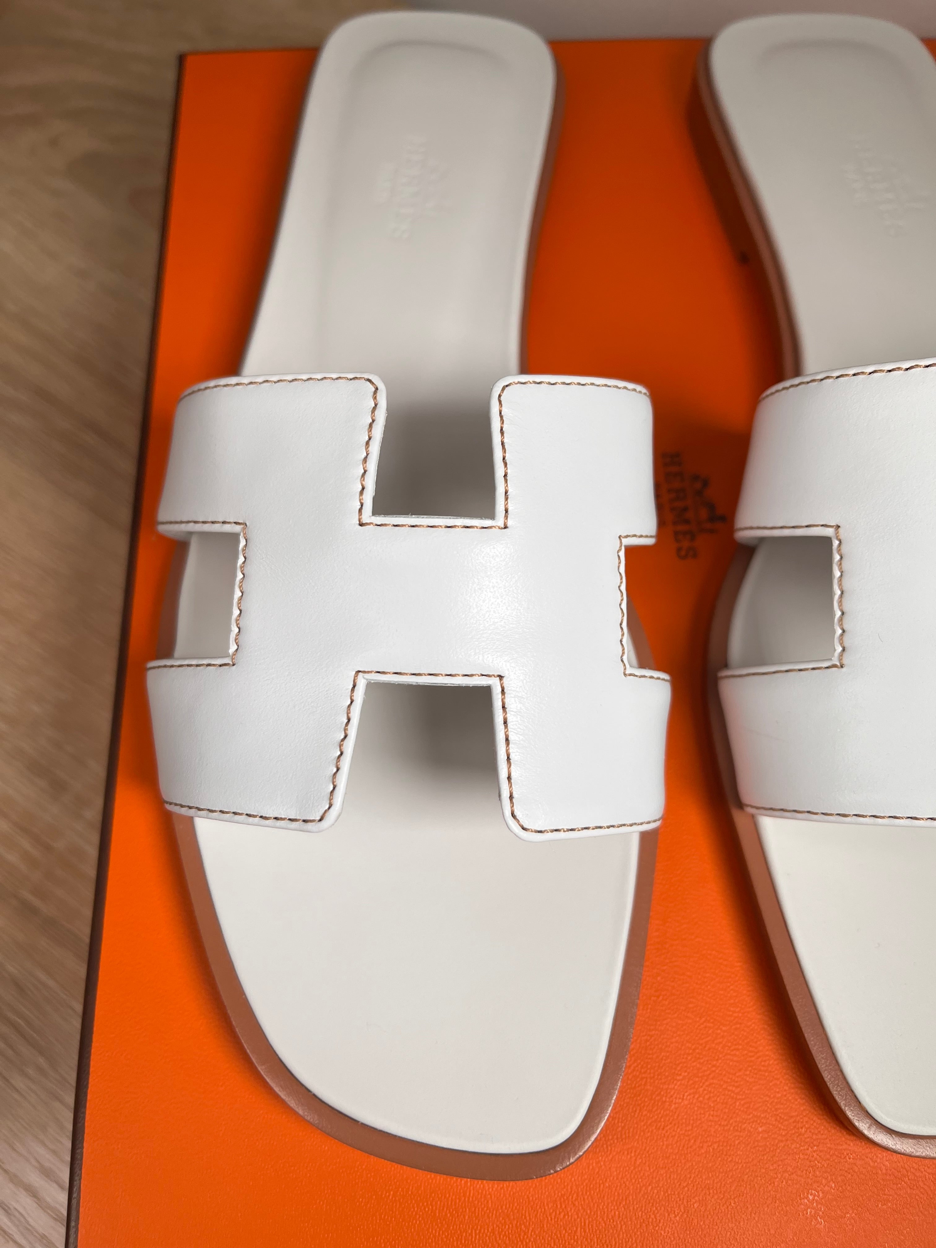 Hermes Oran White Sandals, 38.5