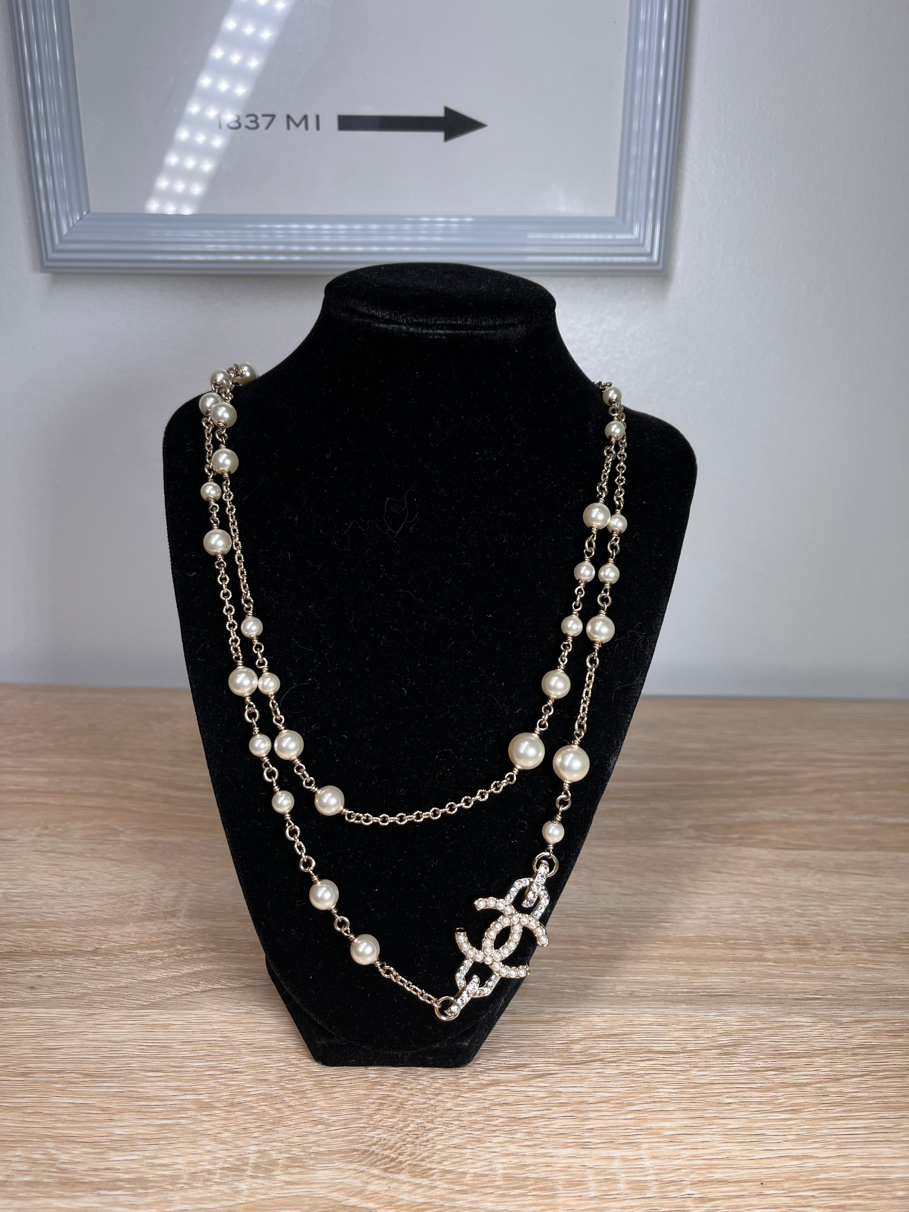 Chanel Long Pearl Silver Necklace, 48”