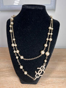 Chanel Long Pearl Silver Necklace, 48”