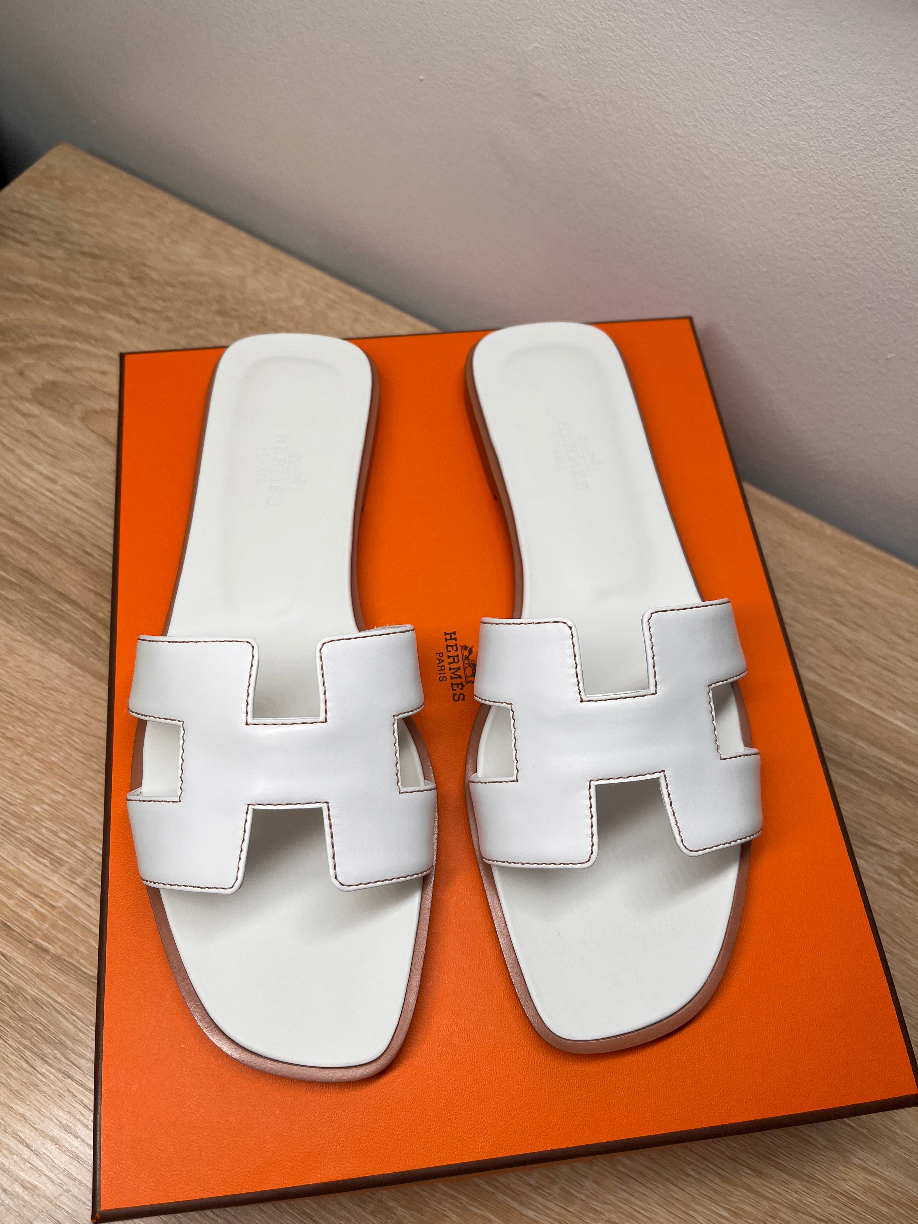 Hermes Oran White Sandals, 38.5