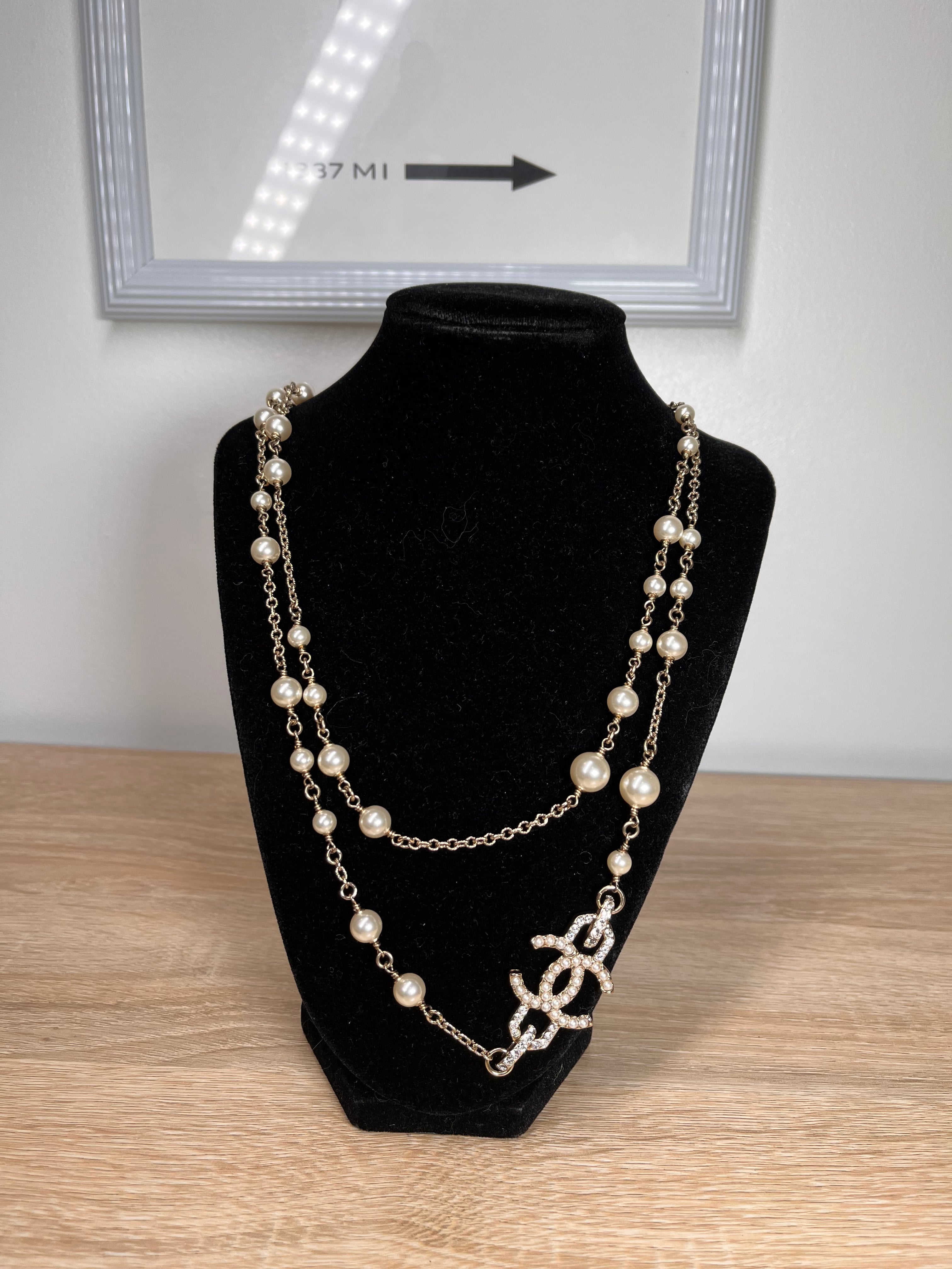 Chanel Long Pearl Silver Necklace, 48”